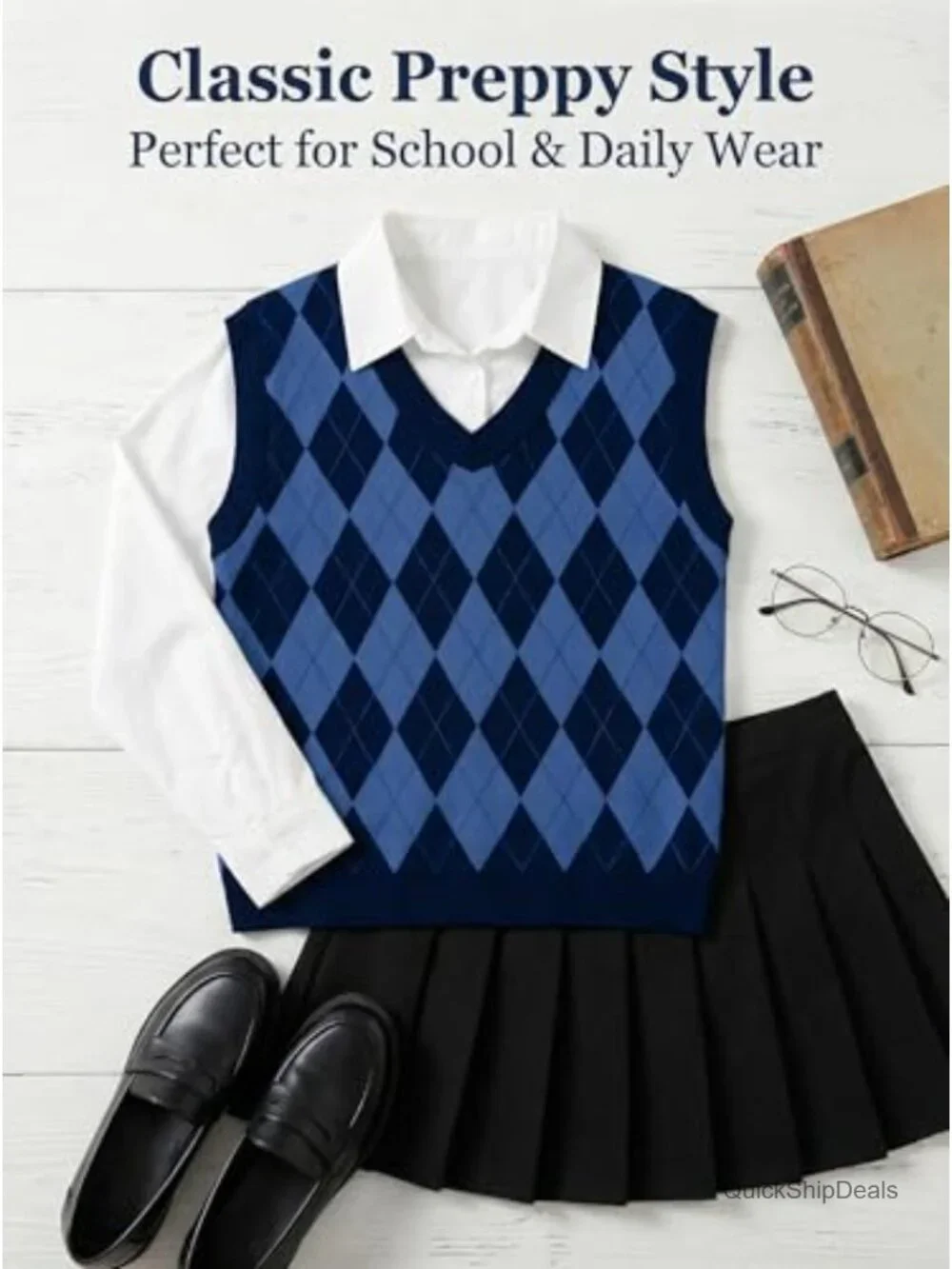 Girls Boys V Neck Argyle Knit Sweater Vest School Uniform Sleeveless Pullover